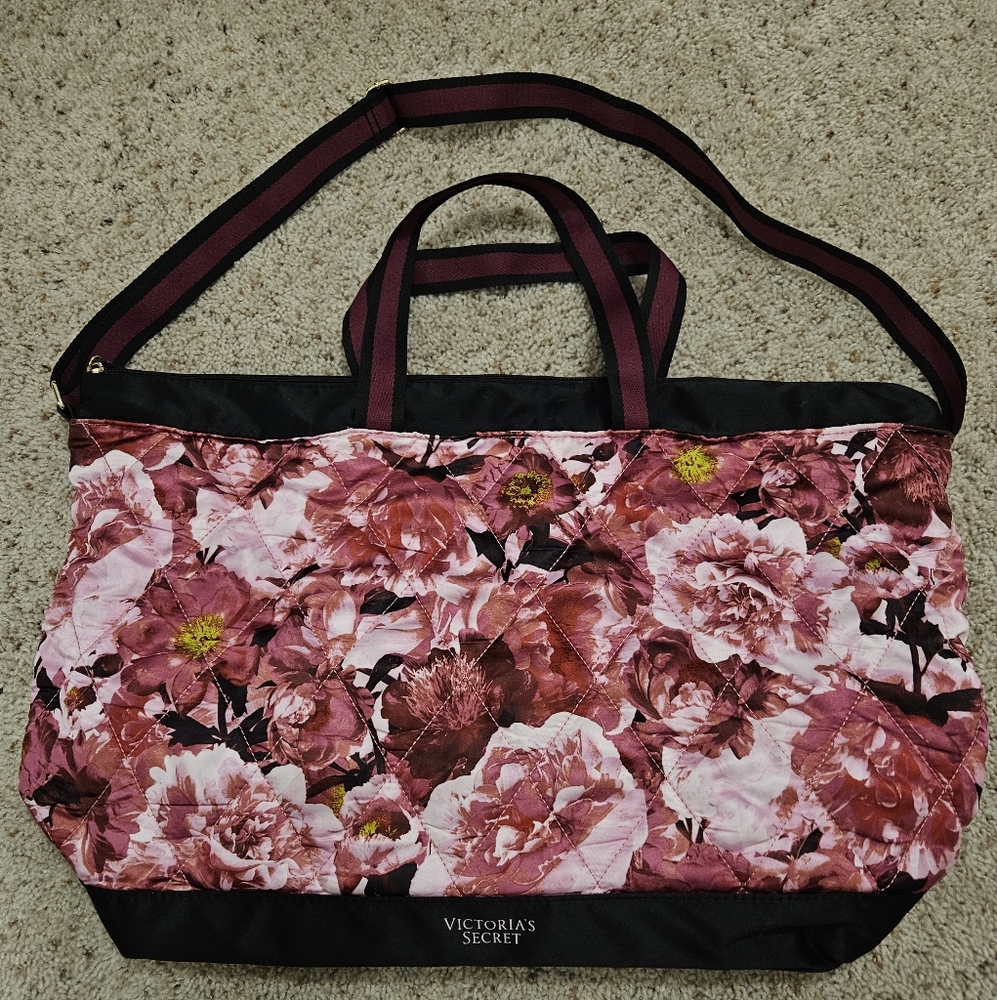 Victoria's Secret Black and Pink Floral Tote